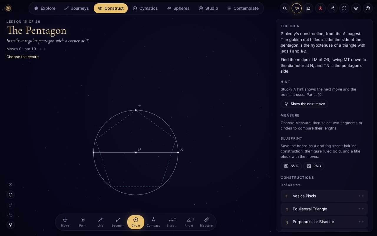 Ptolemy’s pentagon lesson in Construct, a circle with its diameter and the pentagon’s ghost