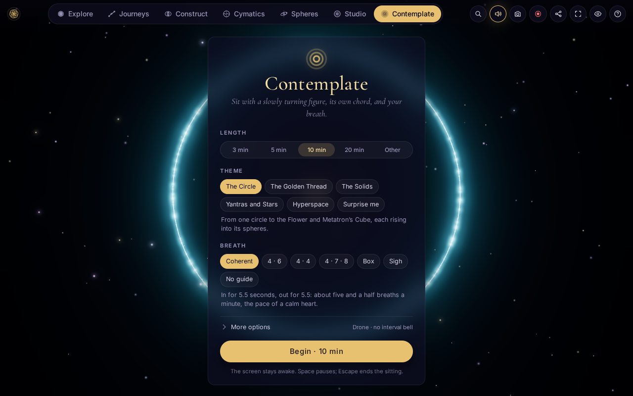 The Contemplate setup: length, theme and breathing pattern, inside a glowing ring