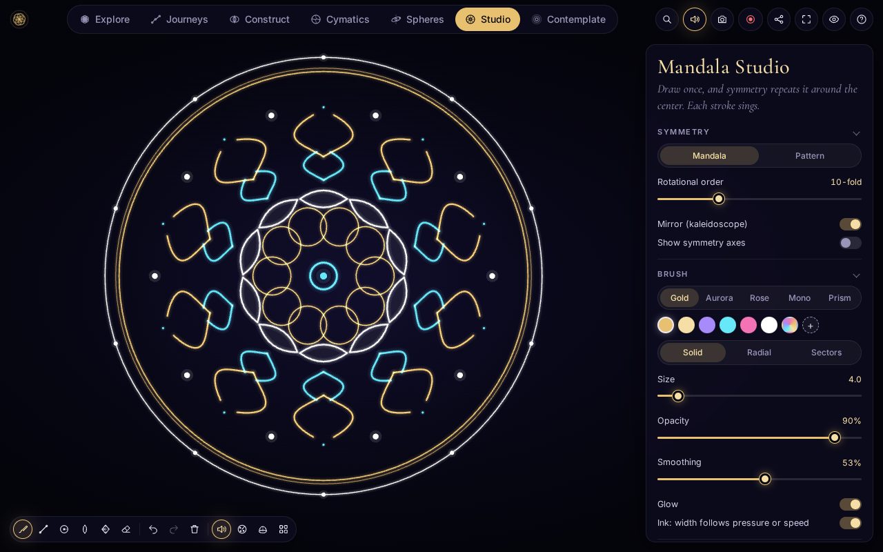 A ten-fold mandala drawn in gold and cyan in Studio